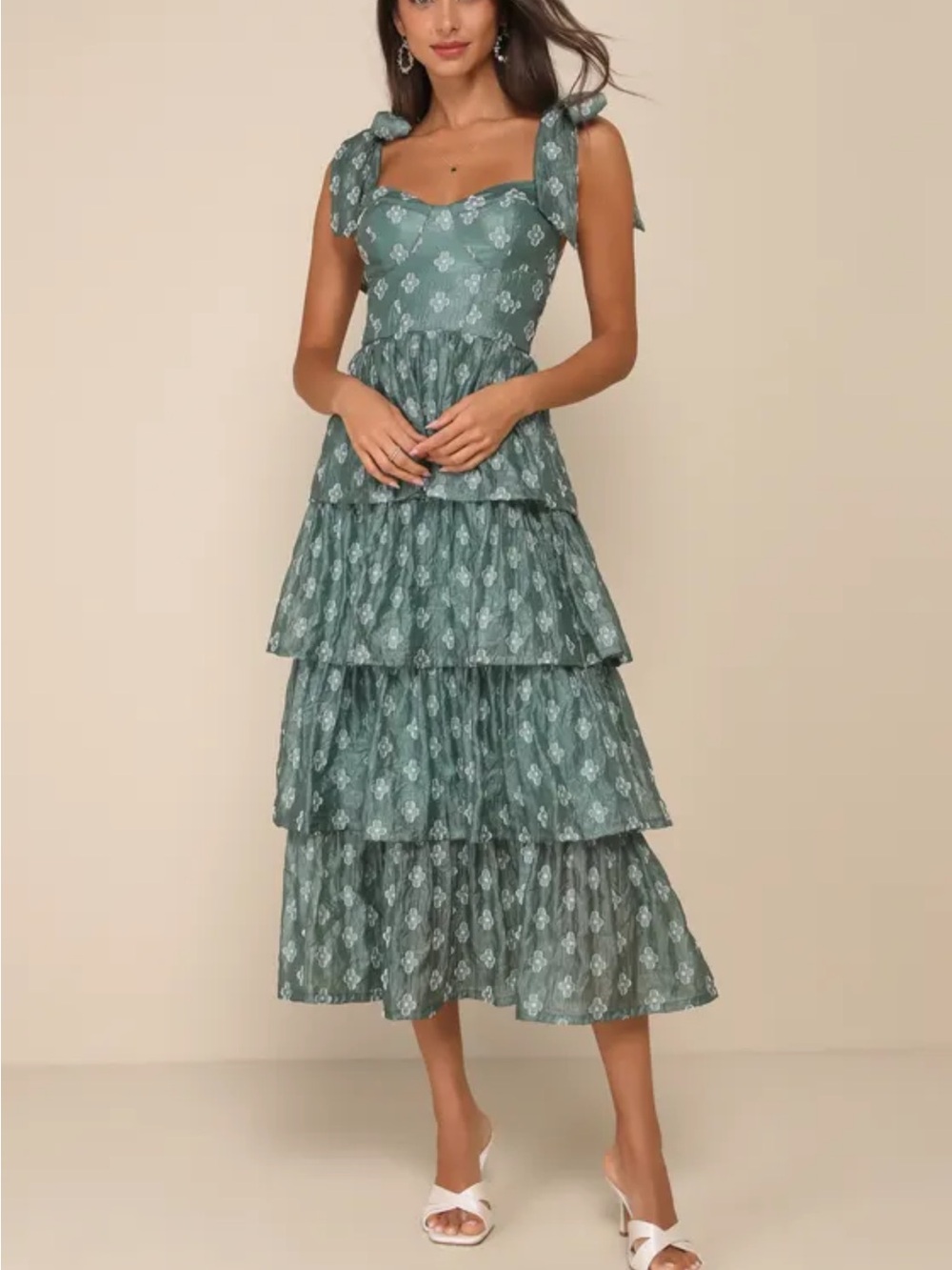 Lulu's Sage Green Tiered Maxi Dress with Tie Straps
